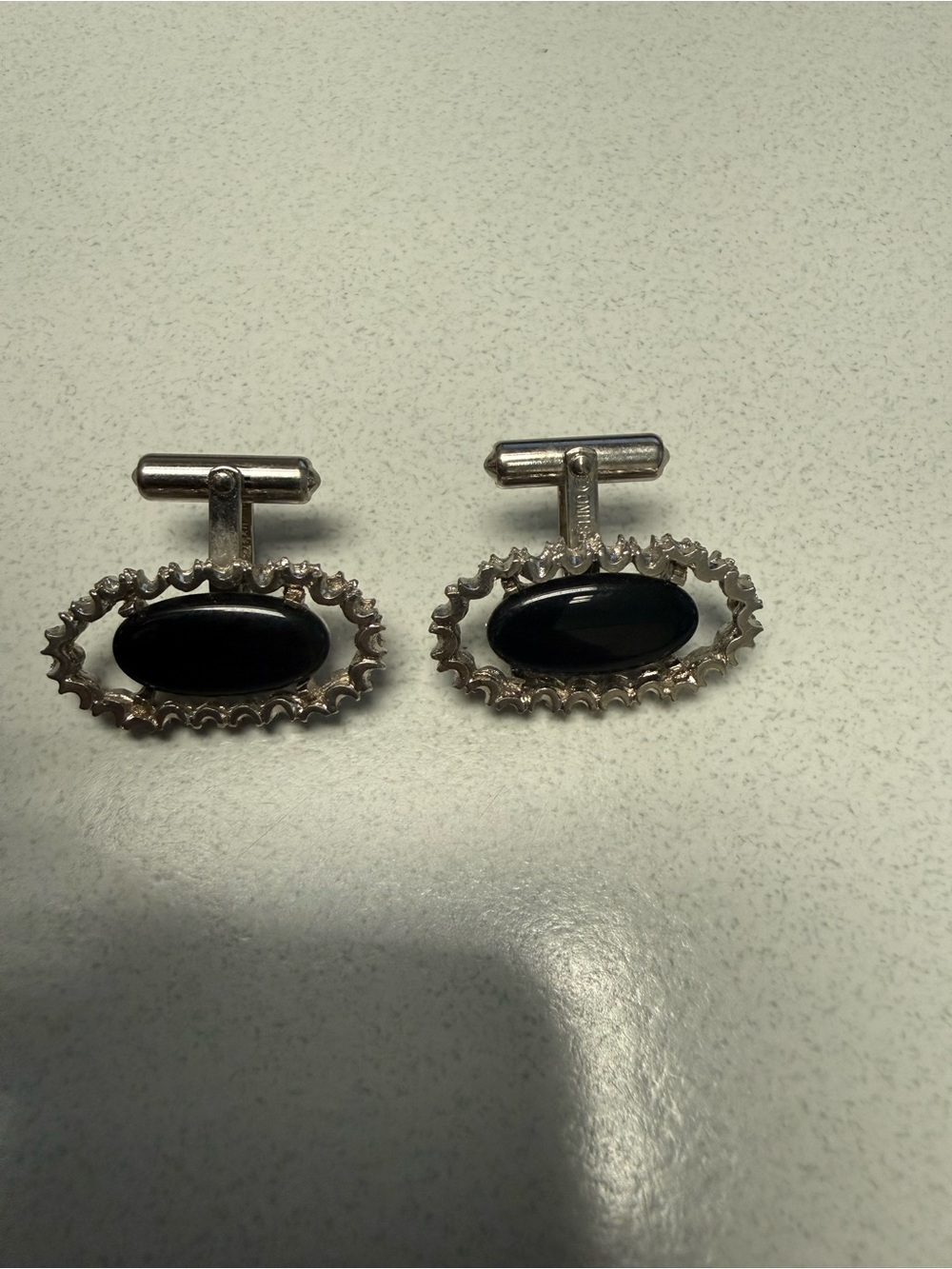 Vintage Destino Black Stone Oval Cufflinks Ornate Silver Tone MCM